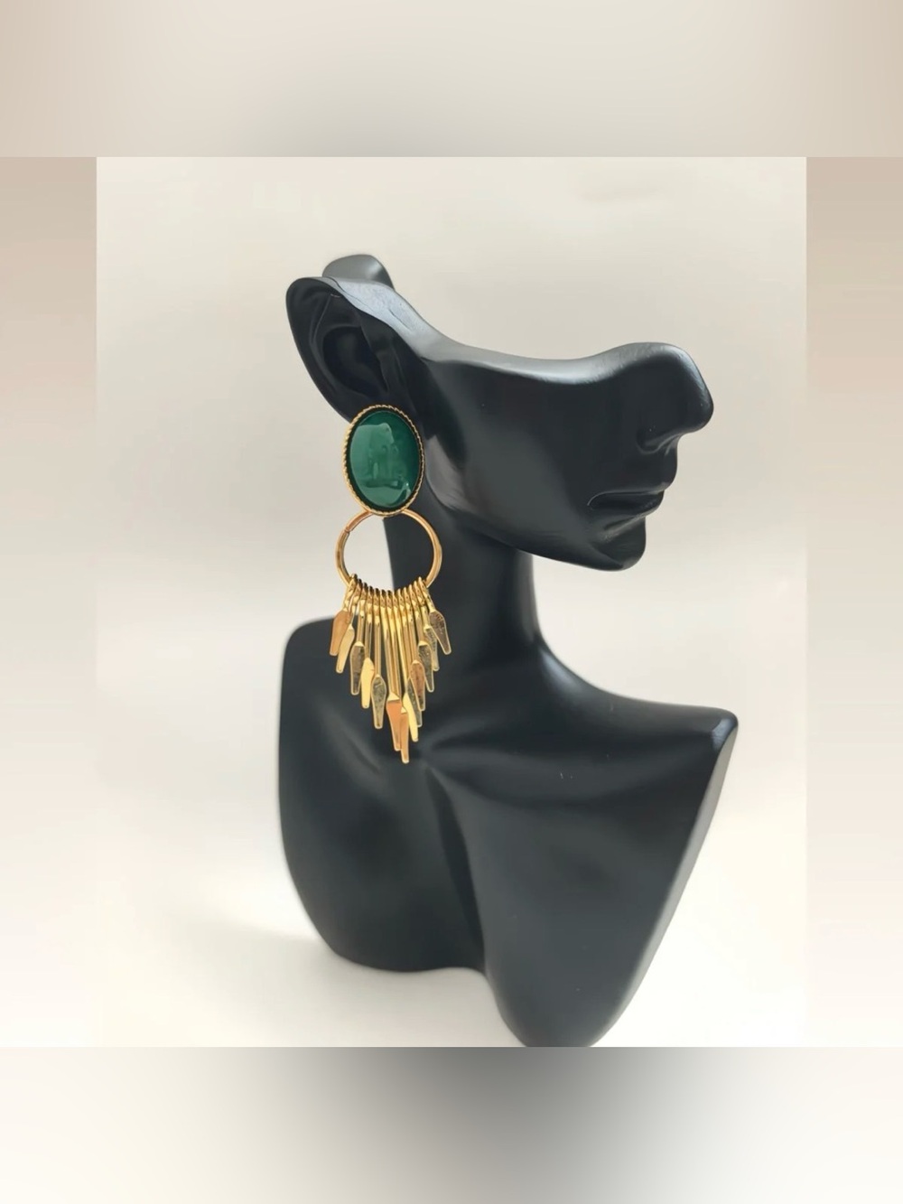 Gold Fringe Drop Earrings with Green Stone